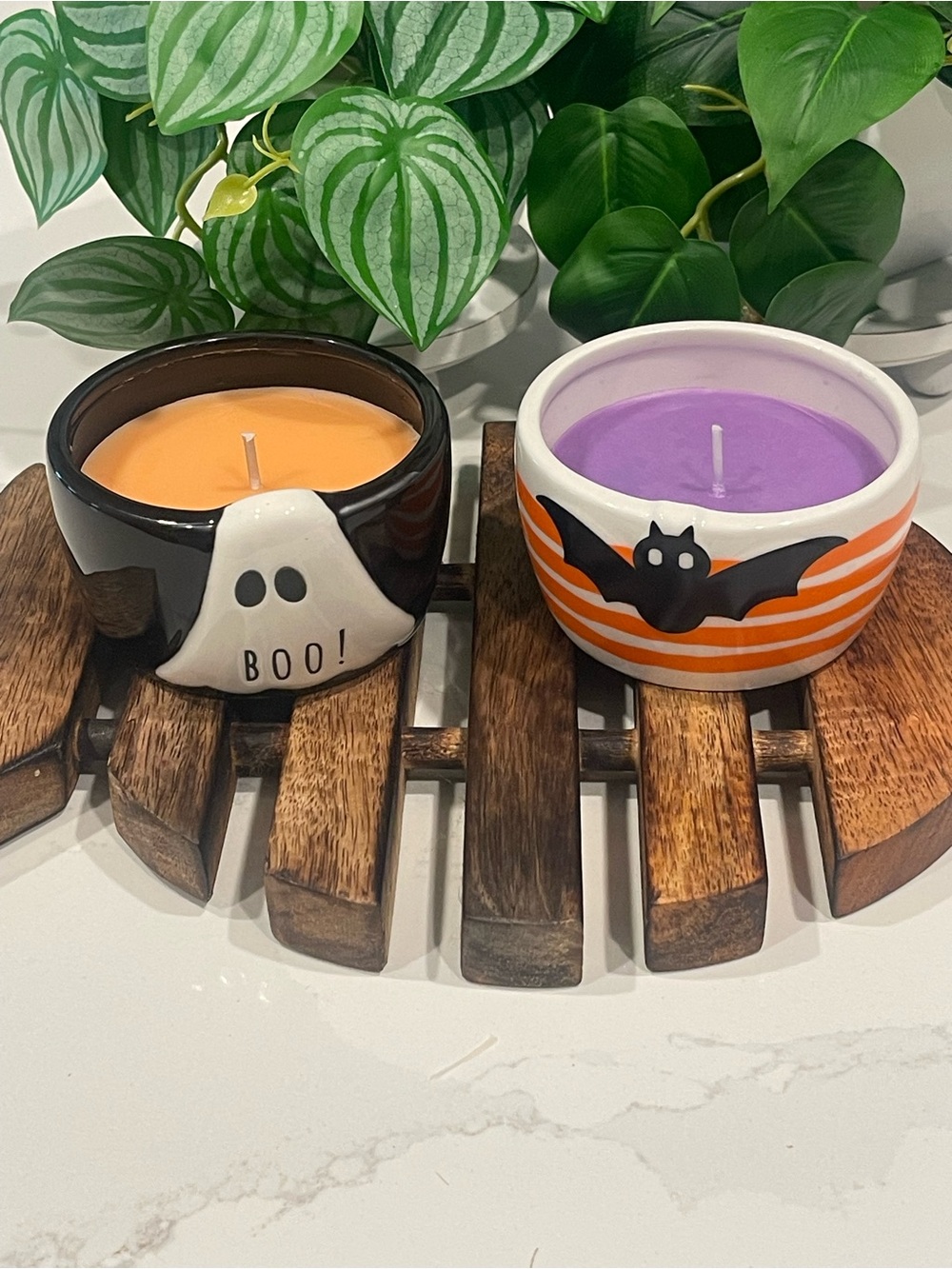 Halloween Ghost & Bat Ceramic Ramekin Candle Set - Orange and Purple NIB